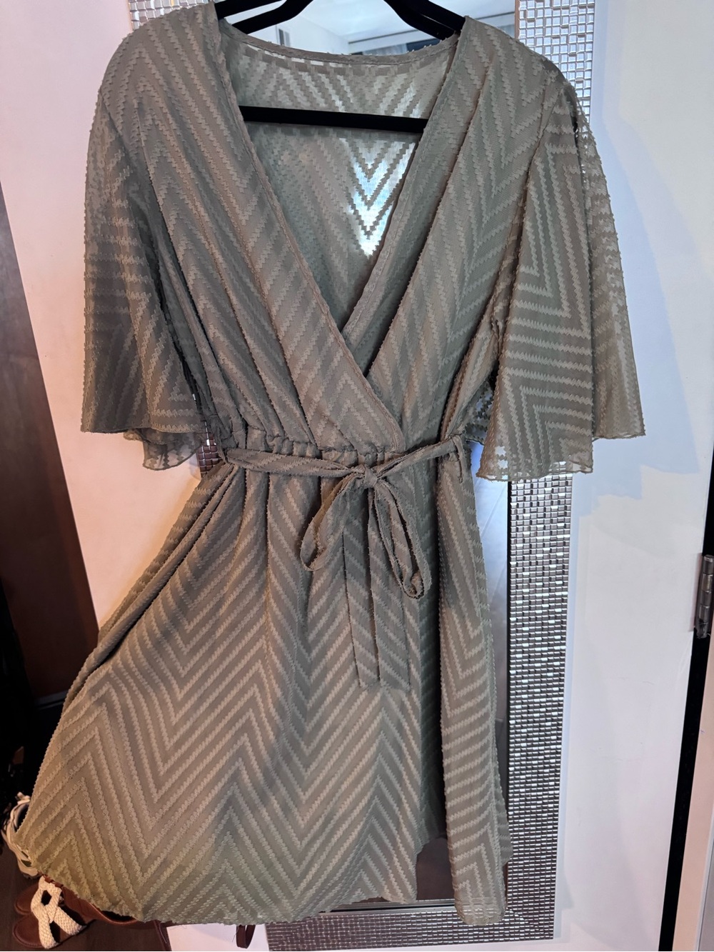 SHEIN Sage Green Chevron Wrap Midi Dress
